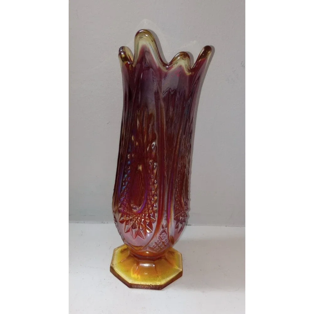 Vintage Indiana Glass Heirloom Pattern Amberina Swung Vase 8 Finger Massive GLOW